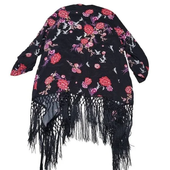 Torrid Floral Fringe Trim‎ Kimono Womens Size 3 Black Pink Rayon Boho Bloomcore - Picture 7 of 8